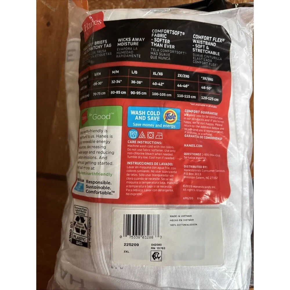 Hanes Men's (9 Pair) Tagless  Briefs Size 2XL  (44-46)   NEW WITH TAGS 2019